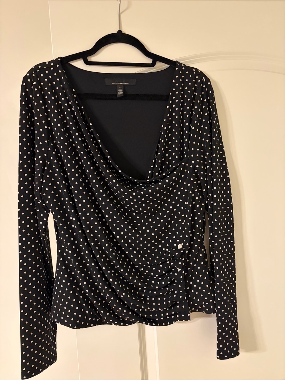 White House Black Market Black Long-Sleeve Polka Dot Draped Top